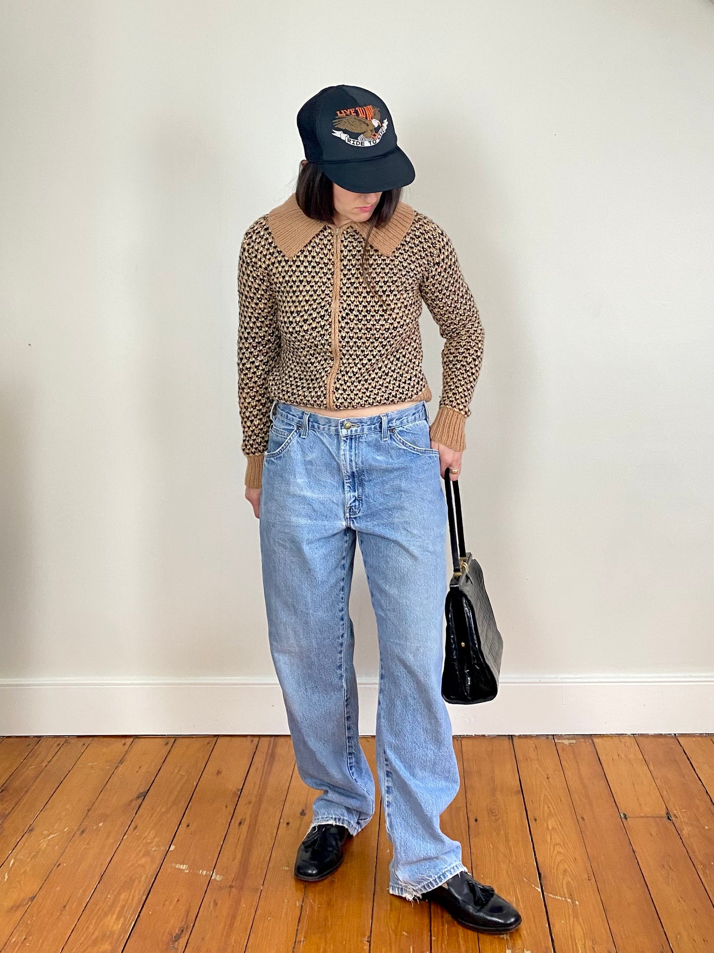HAND-KNIT ACRYLIC ZIP CARDIGAN