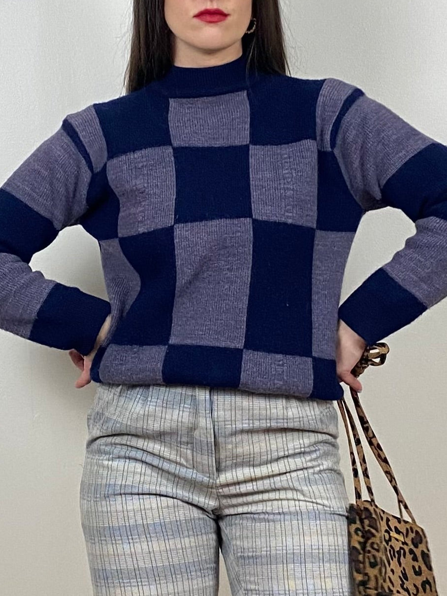 MOCK NECK CHECK WOOL SWEATER