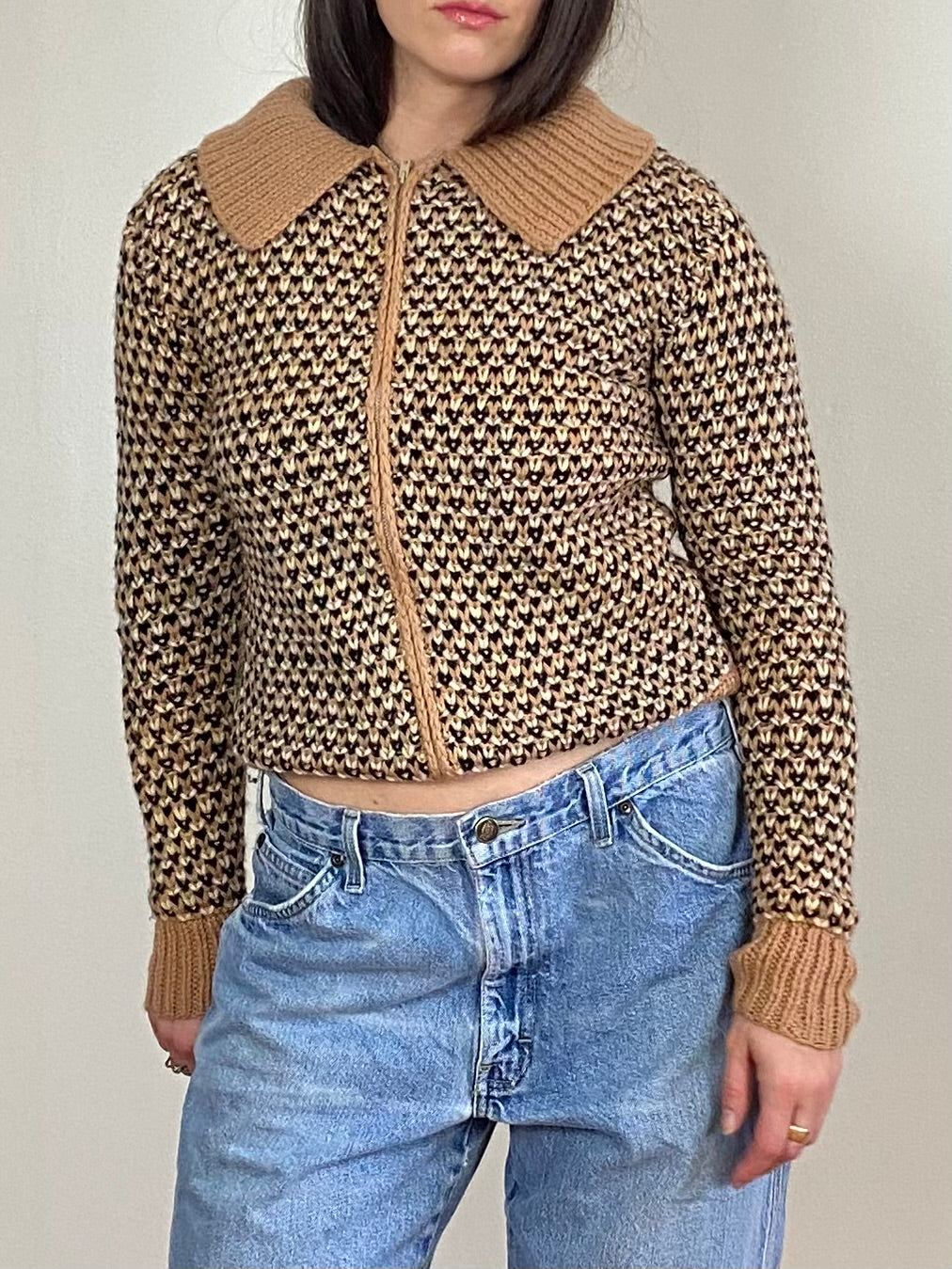 HAND-KNIT ACRYLIC ZIP CARDIGAN