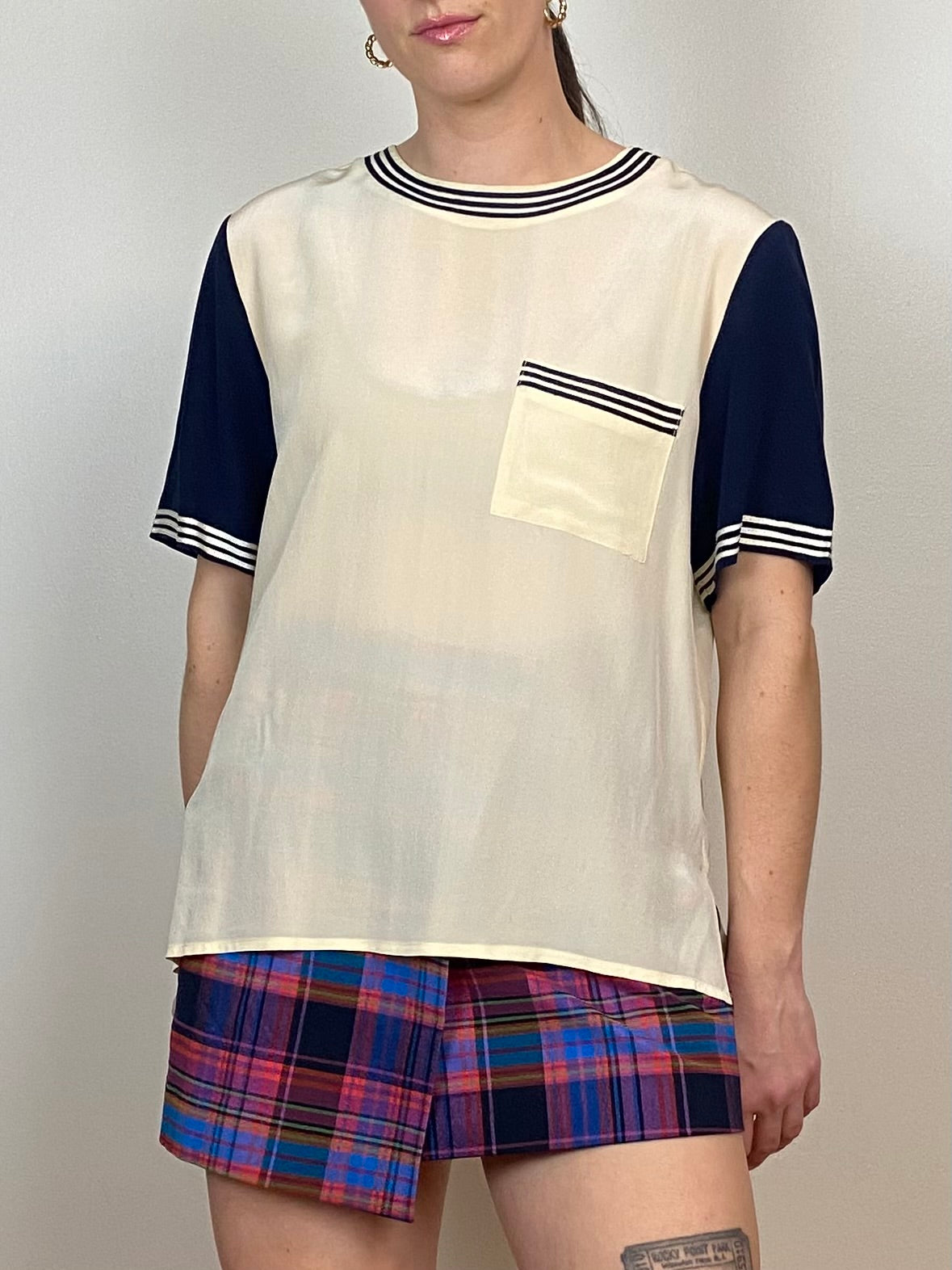 NAVY & CREAM SILK SHIRT